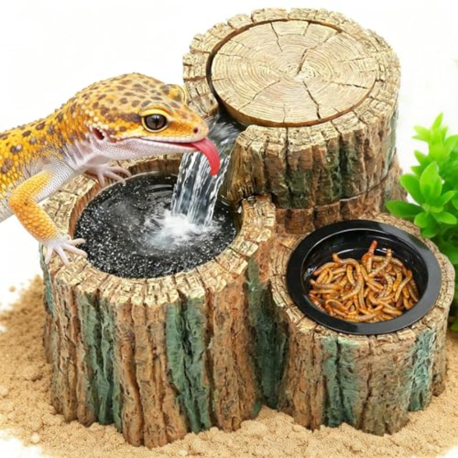 Water Dish Reptile - 2-in-1 Reptilien-Trinkbrunnen mit Futterschale 550ML Reptilien-Wasserfall-Trinkbrunnen